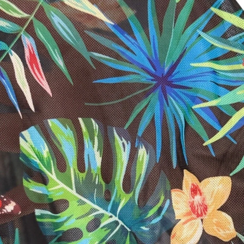 Tropical Floral Mesh Handkerchief Hem Tankini Swim‎ Top Black 3XL